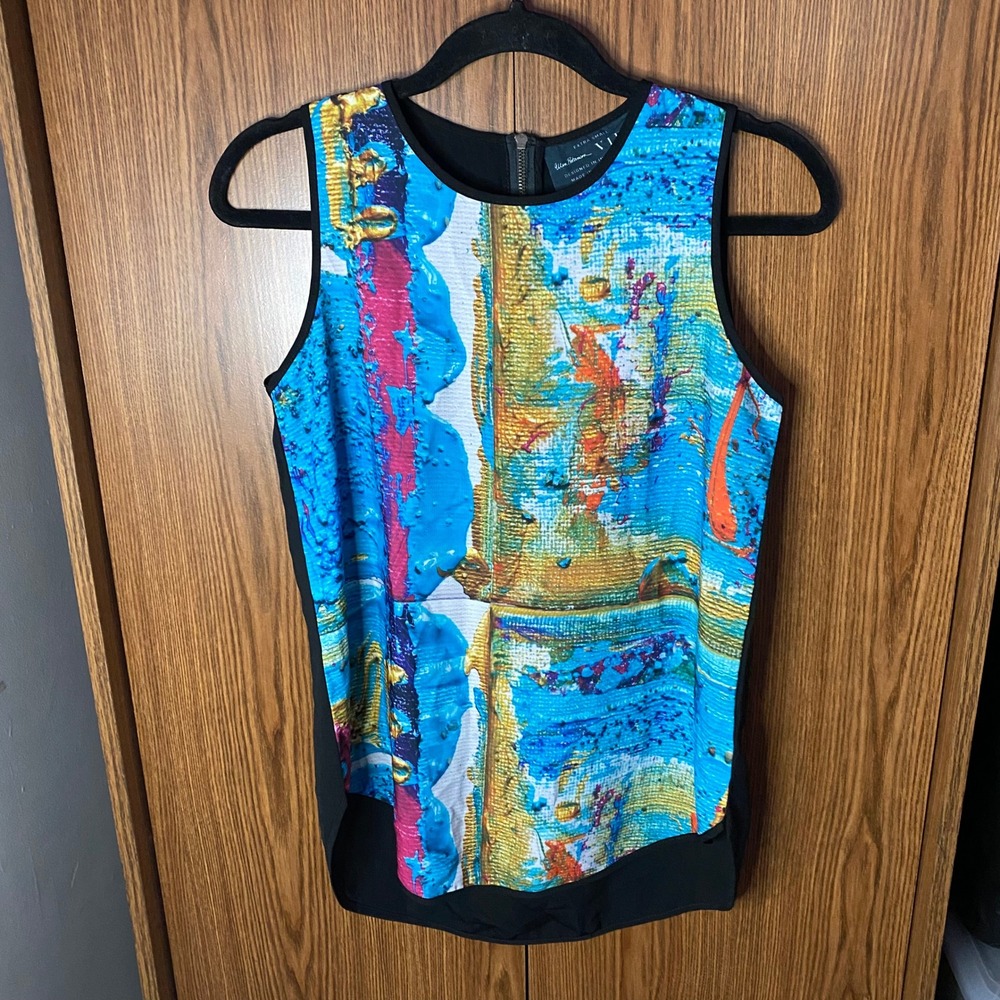 VIDA Abstract Print Sleeveless Top Womens XS Blue Gold Art Zip Back Shell